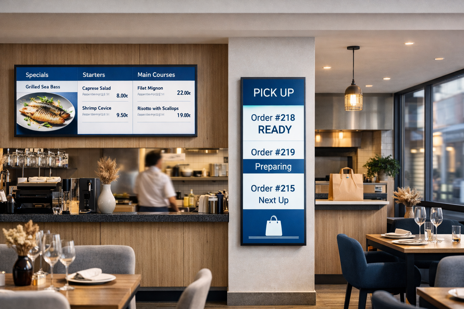 Zona de autoservicio y pantallas digitales dentro de un restaurante conectado con Carta360