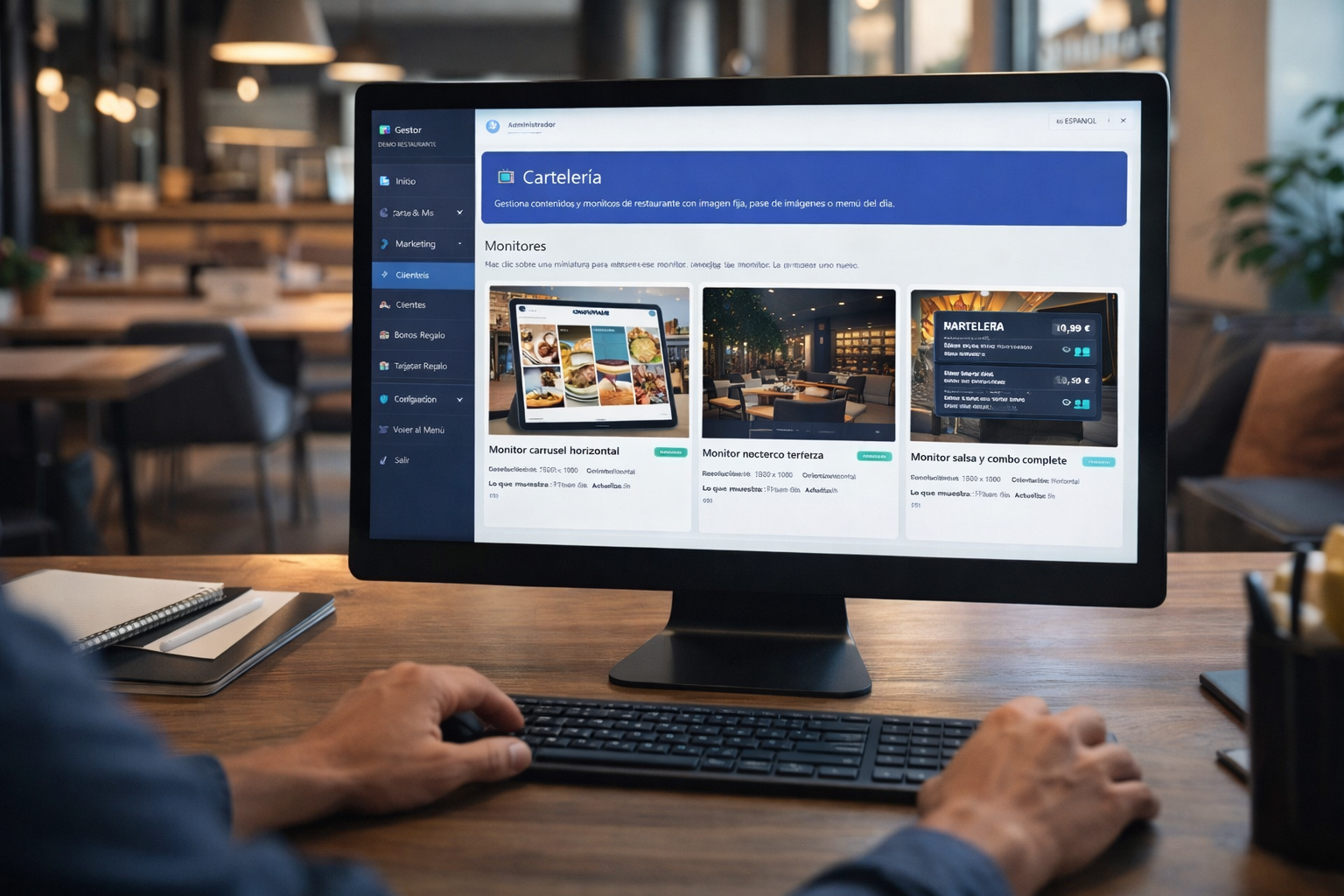 Gestor de Carta360 usado para configurar pantallas y contenido del restaurante