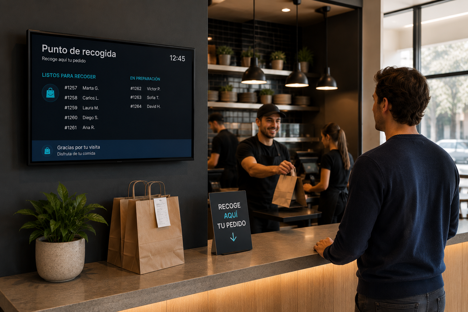 Monitor de recogidas y entregas conectado con Carta360 en un restaurante