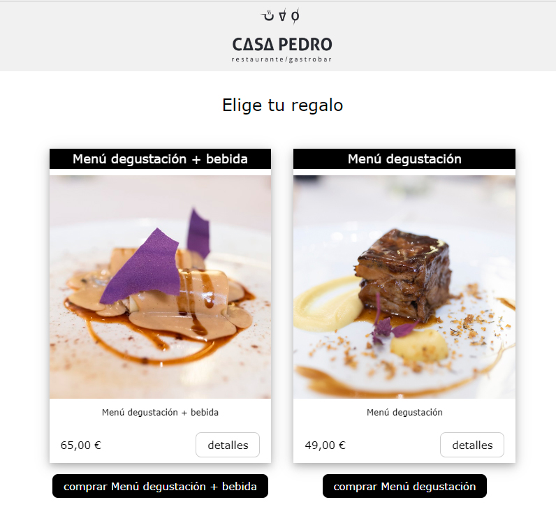 Ejemplo real de tarjeta regalo de Casa Pedro creada con Carta360