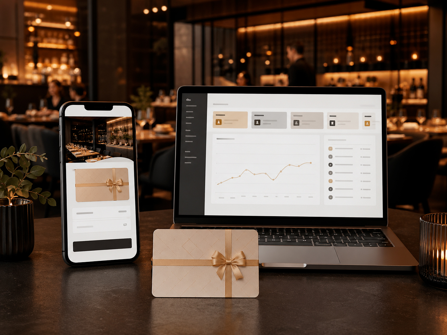 Panel de gestión de tarjetas regalo, venta web desde móvil y tarjeta regalo física en un restaurante